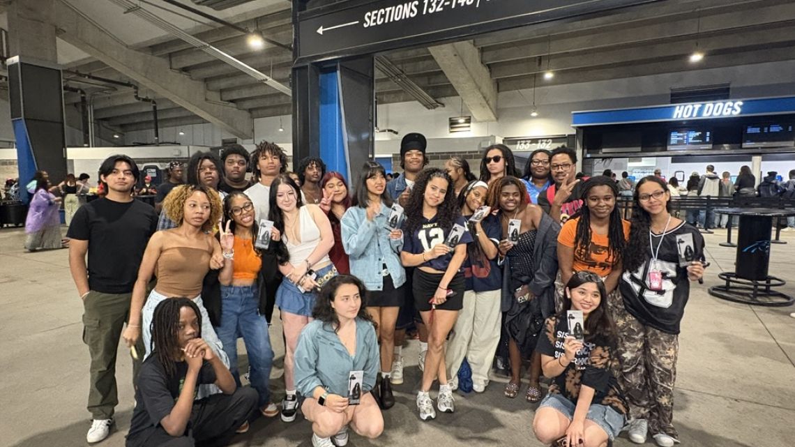 Group photo of Duke students from the critical pedagogy of hip hop and Jordan High School students.