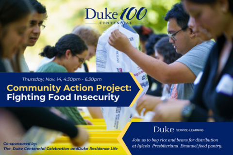 photo of students packing beans and rice with event promo information 